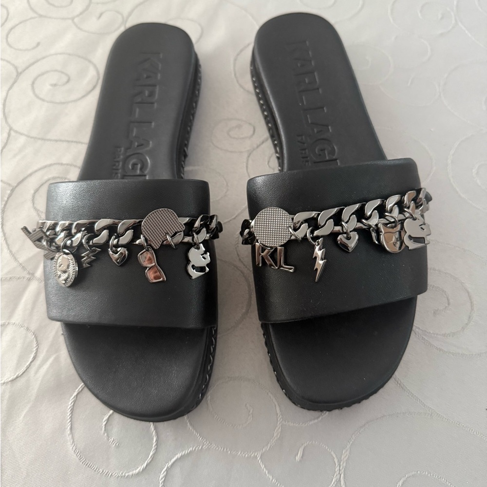 Karl Lagerfeld Black Embossed Slide Sandals